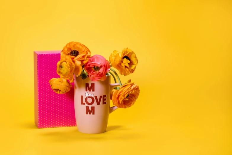 a vase filled with yellow flowers next to a pink book, pexels, pop art, pop figure of mom with long, presents, love theme, full product shot