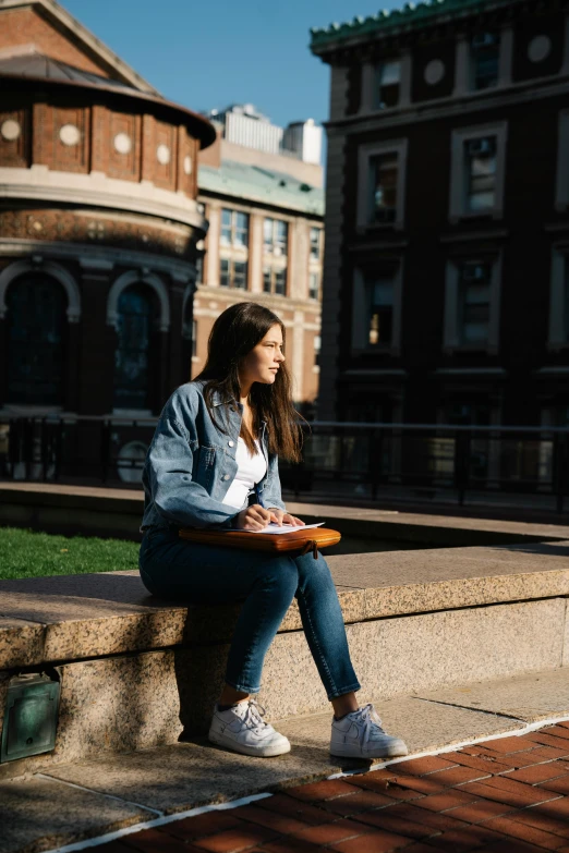 a woman sitting on a ledge with a skateboard, trending on unsplash, academic art, boston, sitting on bench, studious, sunlight study