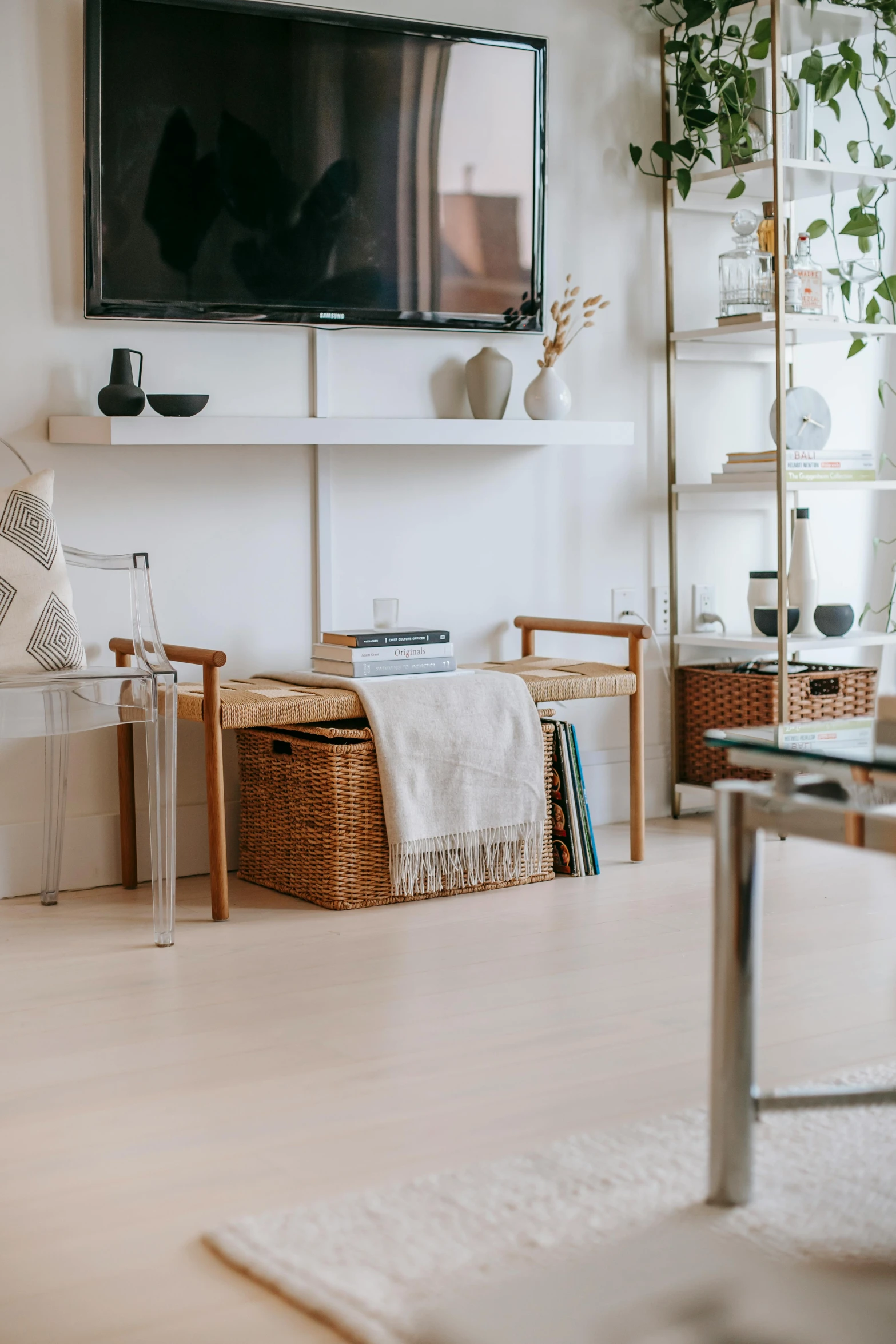 a living room filled with furniture and a flat screen tv, pexels contest winner, in a white boho style studio, transparent, designer product, clear photo