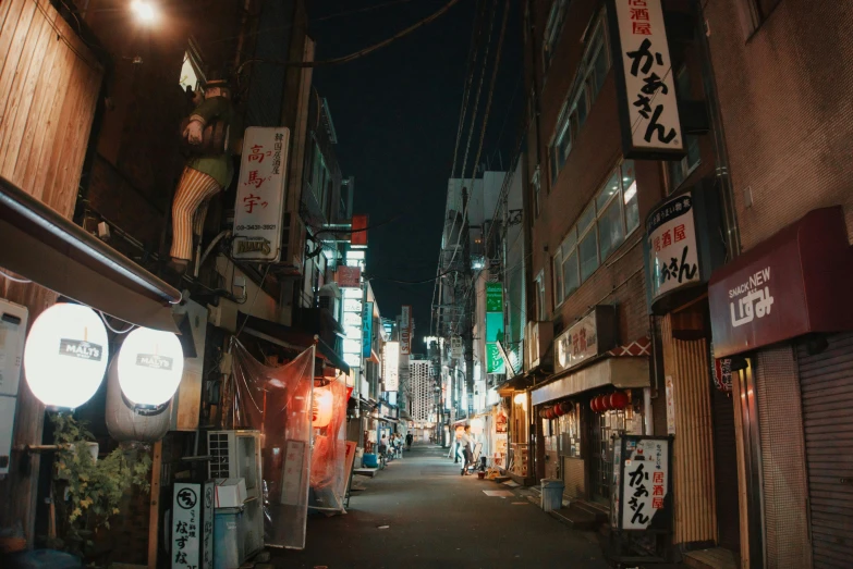 a street filled with lots of shops next to tall buildings, unsplash contest winner, ukiyo-e, glowing street signs, abandoned streets, taverns nighttime lifestyle, instagram story