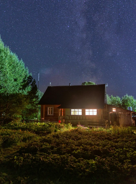 a cabin sitting on top of a lush green hillside, by Julia Pishtar, hurufiyya, night time photograph, ultrawide cinematic, brown, cottagecore!!