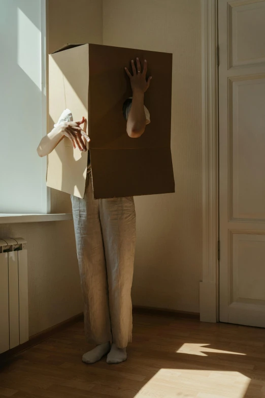 a person standing in a room with a cardboard box on their head, by Maciej Kuciara, tan suit, at home, faceless people, sunlit