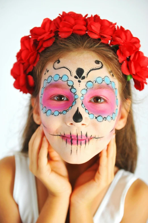 a little girl with her face painted like a sugar skull, pexels, square, panels, with a white background, cosmetics