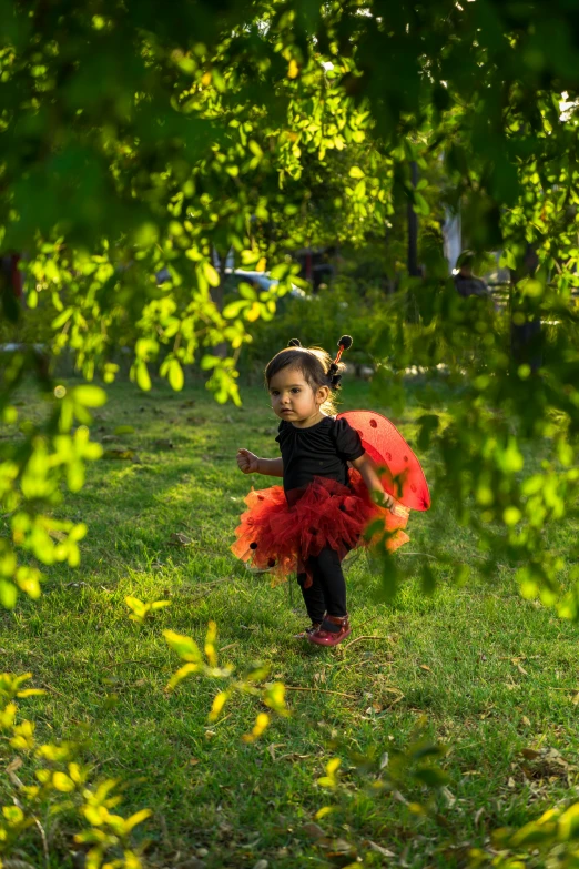 a little girl dressed in a lady bug costume, inspired by Kate Greenaway, pexels contest winner, visual art, around tree babies running, at a park, mexican folklore, panoramic view of girl