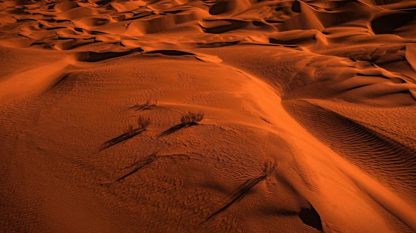 the sun is setting over the sand dunes, an album cover, by Andrei Kolkoutine, pexels contest winner, land art, volumetric shadows, vibrant orange, wide high angle view, intricate detailed 8 k