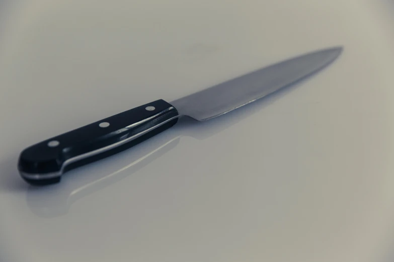 a knife sitting on top of a white plate, pexels, hyperrealism, on a pale background, profile pic, animation, low - angle shot