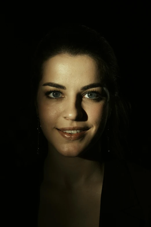 a woman posing for a picture in the dark, confident shaded eyes, promo image, ((portrait)), portrait shot 8 k