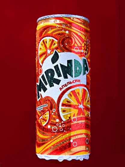 a can of soda on a red background, by Luis Miranda, orange slices, mixture turkish and russian, in style of kentaro miura, promo image