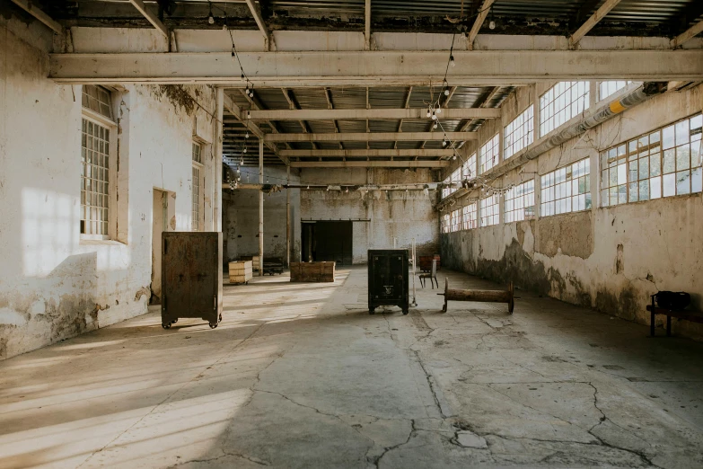 an empty industrial building with lots of windows, unsplash contest winner, arte povera, furniture overturned, promo image, industrial party, brown