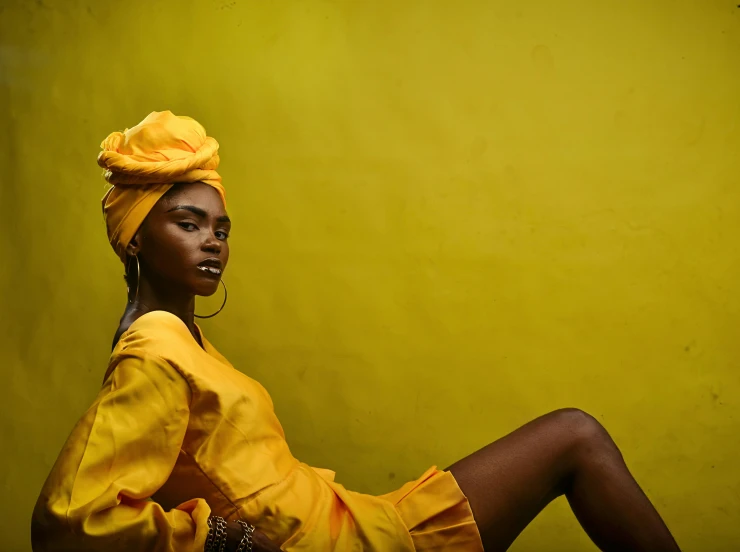 a woman in a yellow dress and a turban, pexels contest winner, afrofuturism, adut akech, soft shade, colors: yellow, maria borges