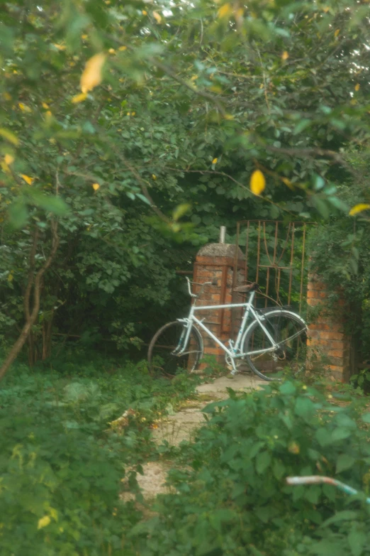 a bicycle that is sitting in the grass, inspired by Béni Ferenczy, temporary art, secret overgrown temple, 1 9 8 5 photograph, archway, in garden