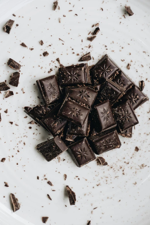 a white plate topped with pieces of chocolate, by Jessie Algie, unsplash, all black matte product, bark for skin, piled around, enamel