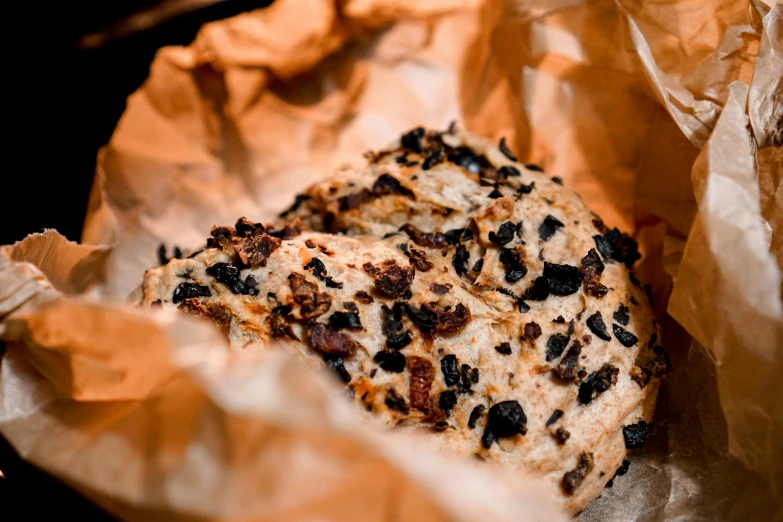 a close up of a doughnut in a paper bag, by Joe Bowler, unsplash, renaissance, brown bread with sliced salo, charred, seeds, leftover meat pie