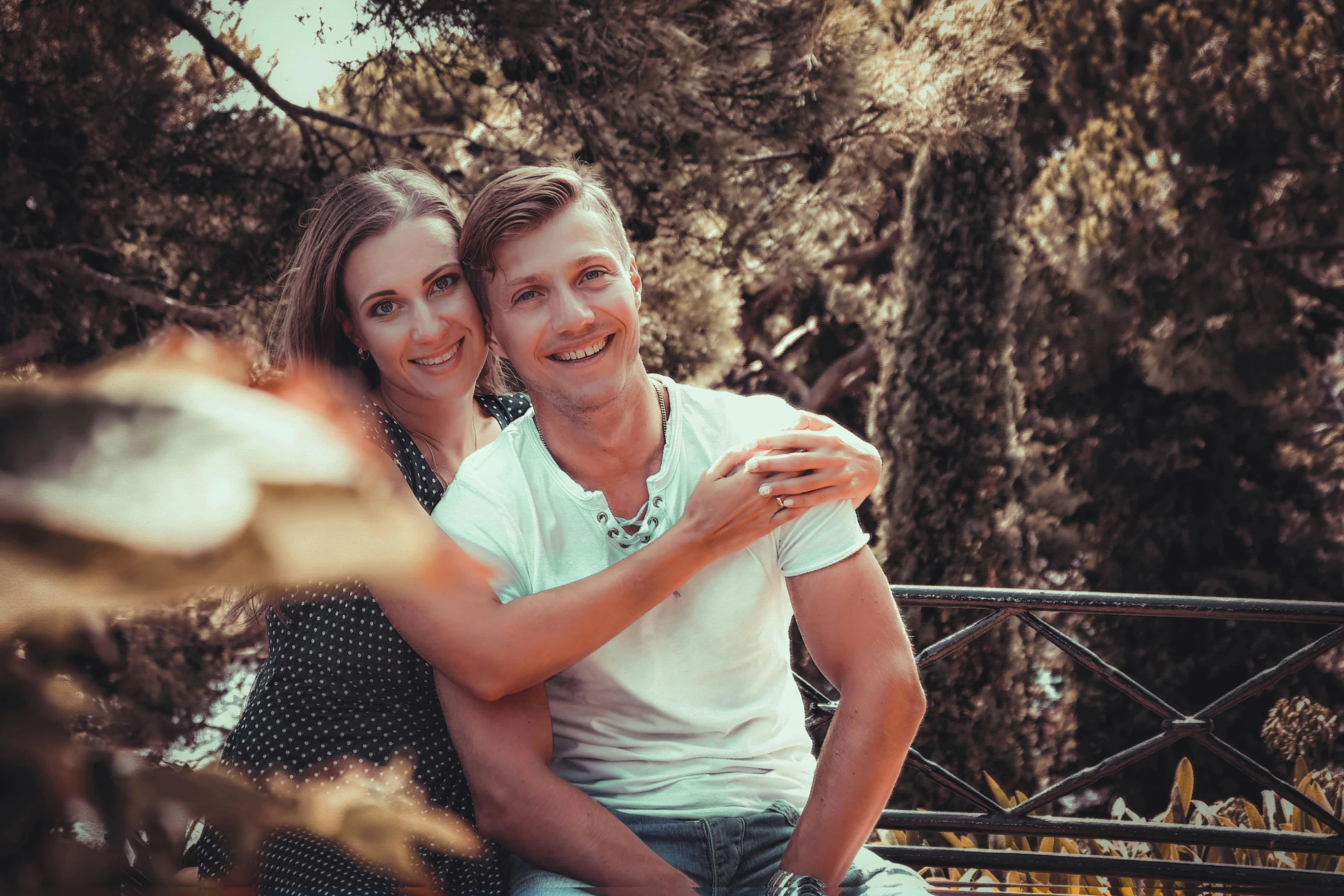 a man and a woman sitting on a bench, high quality portrait photoshoot, avatar image, 🌸 🌼 💮, vitaly bulgarov