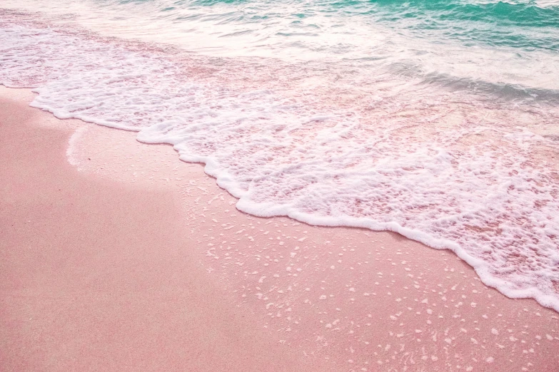 a pink sand beach with the ocean in the background, a digital rendering, by Elaine Hamilton, trending on unsplash, made of cotton candy, clear water, dream wave aesthetic, rich deep pink