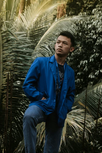 a man in a blue jacket posing for a picture, an album cover, pexels contest winner, sumatraism, greenery, ruan jia and brom, overcast, looking left