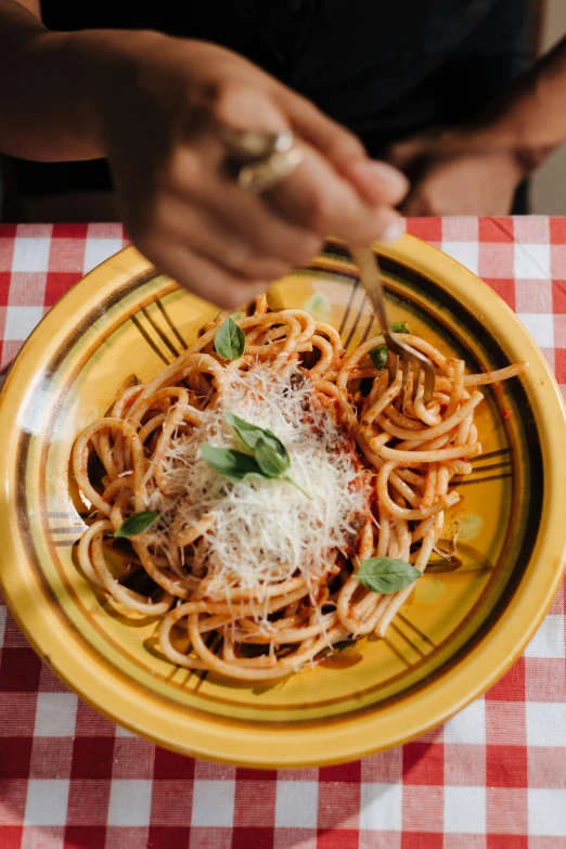 a person sitting at a table with a plate of spaghetti, pexels contest winner, crisp detail, in a red dish, summer day, swirling around