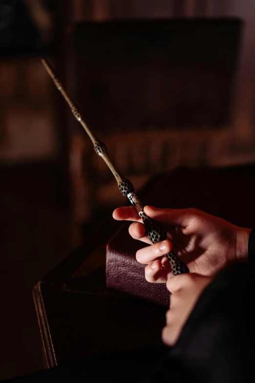 a close up of a person holding a wand, modelling, indoor scene, spell, promo material