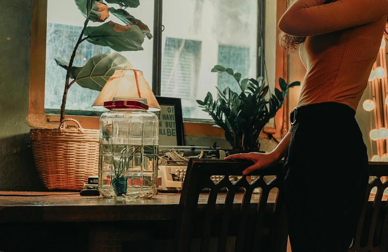 a woman sitting at a table in front of a window, inspired by Elsa Bleda, pexels contest winner, jar on a shelf, terrarium lounge area, vintage glow, on a desk