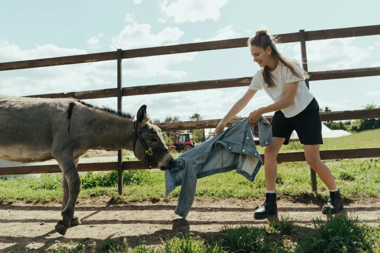 a woman standing next to a donkey in a fenced in area, trending on unsplash, happening, wearing blue jean overalls, sweat and labour, bare leg, dafne keen