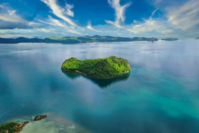 an island in the middle of a body of water, by Bernardino Mei, pexels contest winner, renaissance, green and blue colors, philippines, 120 degree view, thumbnail