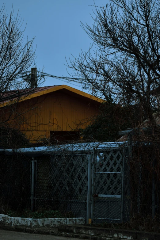 a red fire hydrant sitting on the side of a road, an album cover, by Daarken, wooden house, mono-yellow, cold sunset, low quality photo