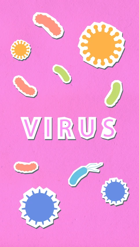 the word virus surrounded by stickers on a pink background, an album cover, trending on pexels, demur, bright vivid color hues:1, micro - organisms, minimalist stylized cover art