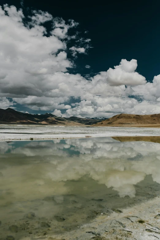 a body of water with mountains in the background, tibet, ultrawide cinematic, cotton clouds, mirrored
