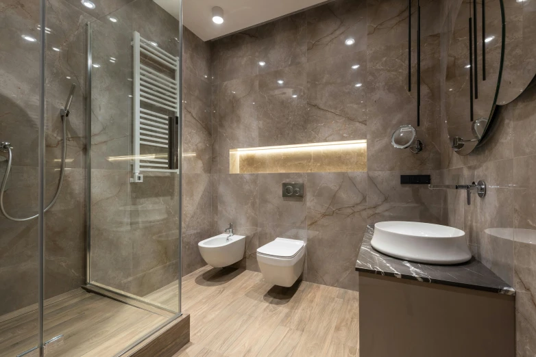 a bath room with a toilet a sink and a shower, a portrait, by Adam Marczyński, shutterstock, minimalism, marble material, brown, glazed, panels