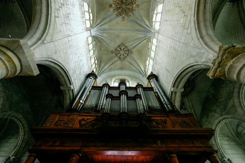 a large pipe organ sitting inside of a building, an album cover, flickr, romanesque, vaulted ceiling, grey, ignant, portrait image