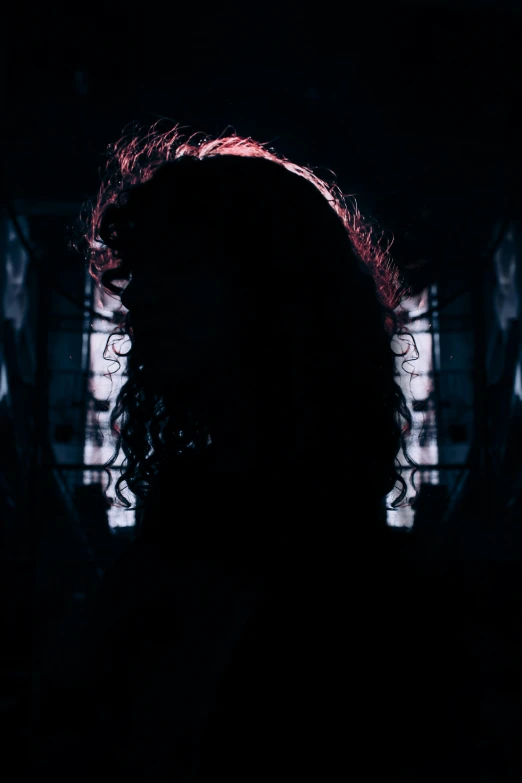 a silhouette of a person in a dark room, an album cover, inspired by Elsa Bleda, pexels contest winner, red curly hair, standing in a church, halfbody headshot, trapped in the backrooms