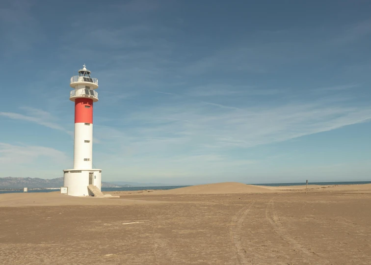 a red and white lighthouse sitting on top of a sandy beach, a picture, by Eglon van der Neer, square, high quality image, port, albuquerque