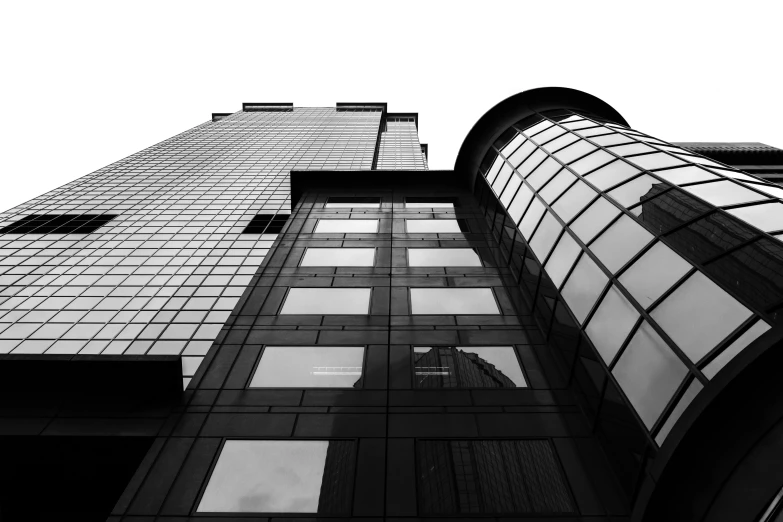 a black and white photo of a tall building, a black and white photo, pexels contest winner, full of glass. cgsociety, black on white background, konica minolta, front side