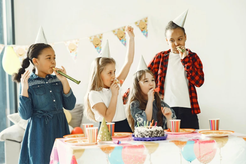 a group of children at a birthday party, by Nicolette Macnamara, pexels, figuration libre, background image, on a white table, performing, prizewinning