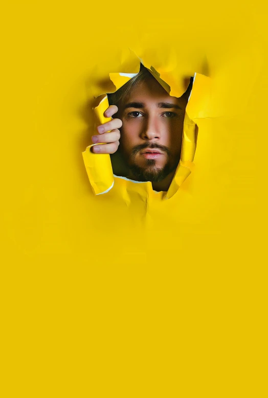 a man looking through a hole in a yellow wall, an album cover, inspired by Germán Londoño, singer maluma, no background, daniel ricciardo, cracked