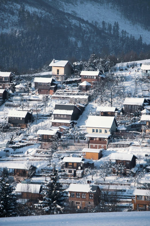 a group of houses sitting on top of a snow covered hillside, inspired by Peter Zumthor, renaissance, quaint village, bosnian, aerial, aomori japan