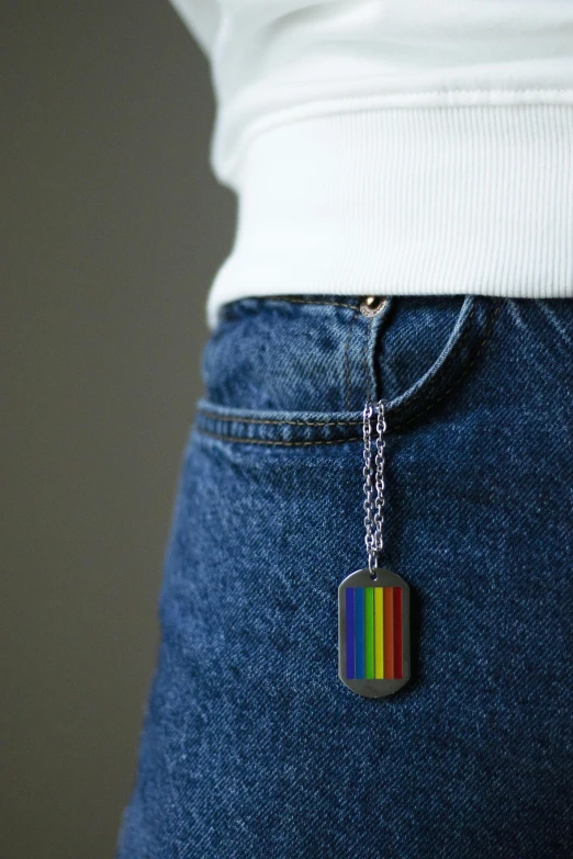 a close up of a person wearing jeans and a necklace, by Nina Hamnett, bauhaus, pride month, pentagon, contain, tag
