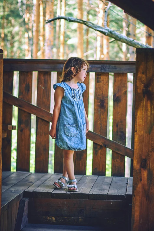 a little girl standing on a wooden deck, inspired by Carl Larsson, pexels, denim, 15081959 21121991 01012000 4k, full body cute young lady, organic dress