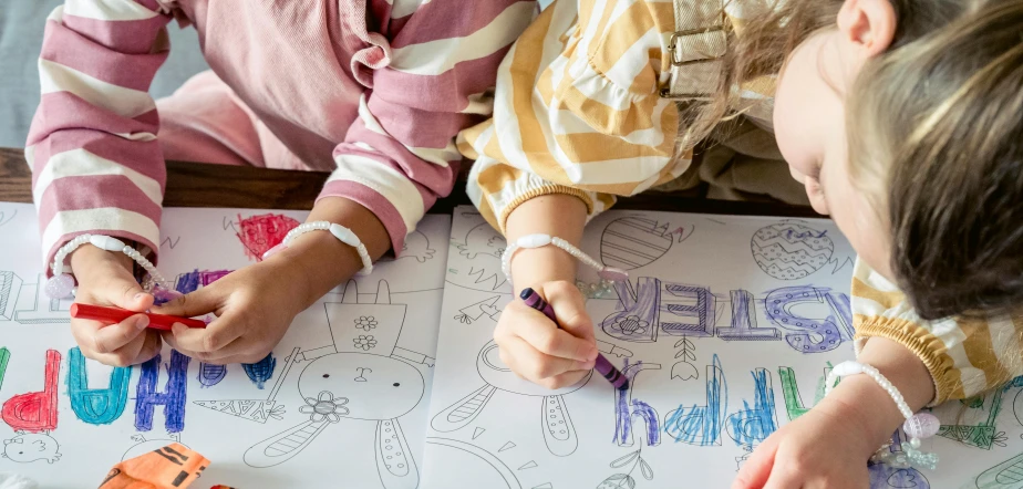 a couple of kids that are sitting at a table, a child's drawing, pexels contest winner, colouring - in sheet, high angle close up shot, panoramic view of girl, thumbnail