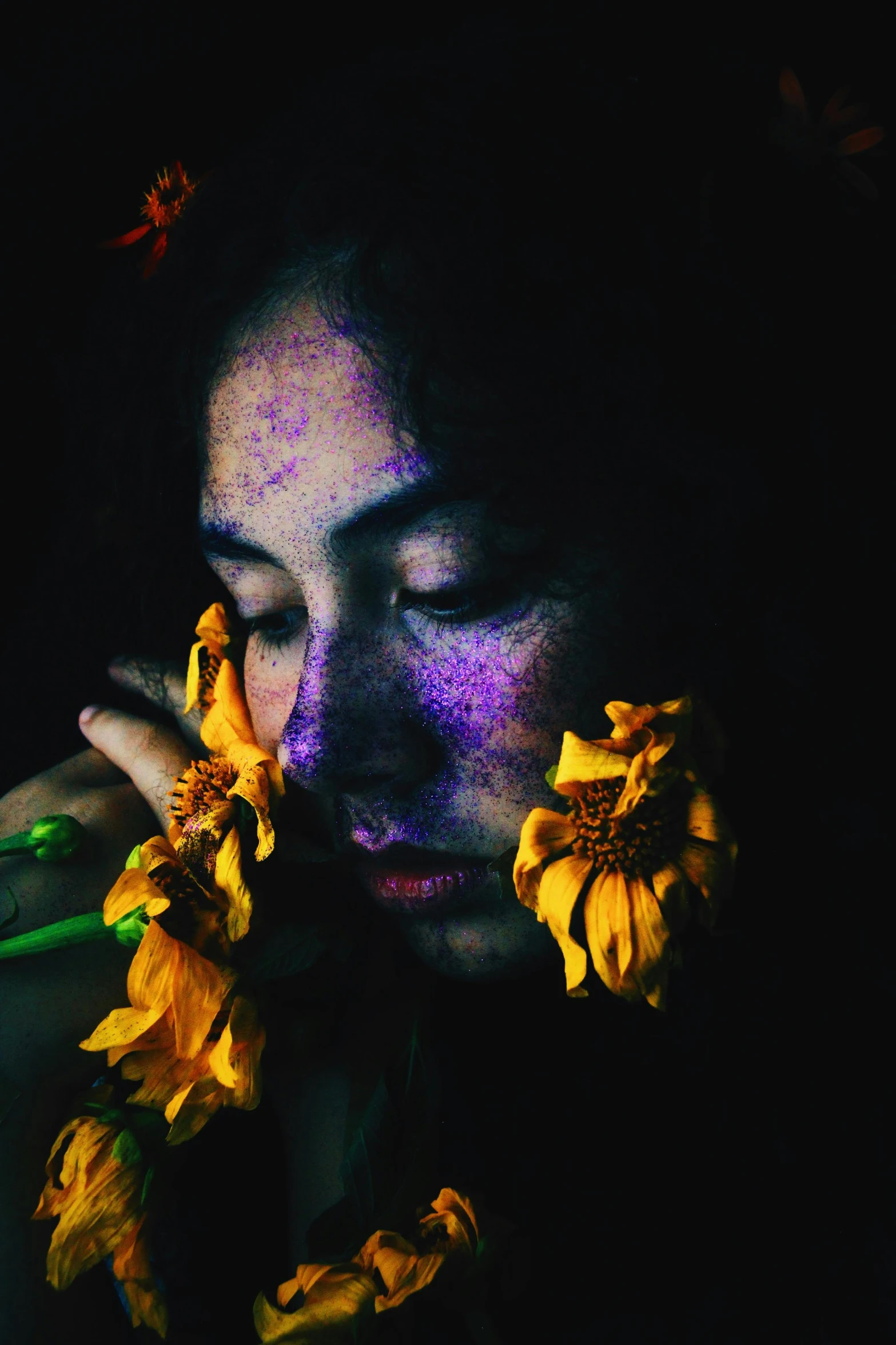 a woman with sunflowers in front of her face, a colorized photo, pexels contest winner, black light, asian woman, psychedelic dust, scratches on photo