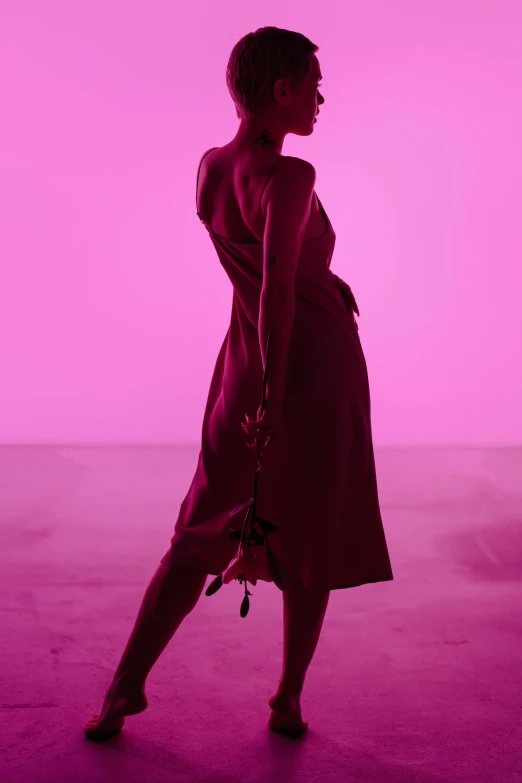 a woman standing in front of a pink background, back light contrast, showstudio, the dress\'s lower, ((pink))