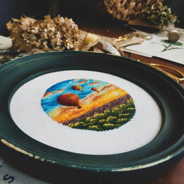 a plate with a picture of hot air balloons on it, a cross stitch, inspired by Károly Markó the Elder, pexels contest winner, landscape shot, mini planets, wide angle”, 🪔 🎨;🌞🌄