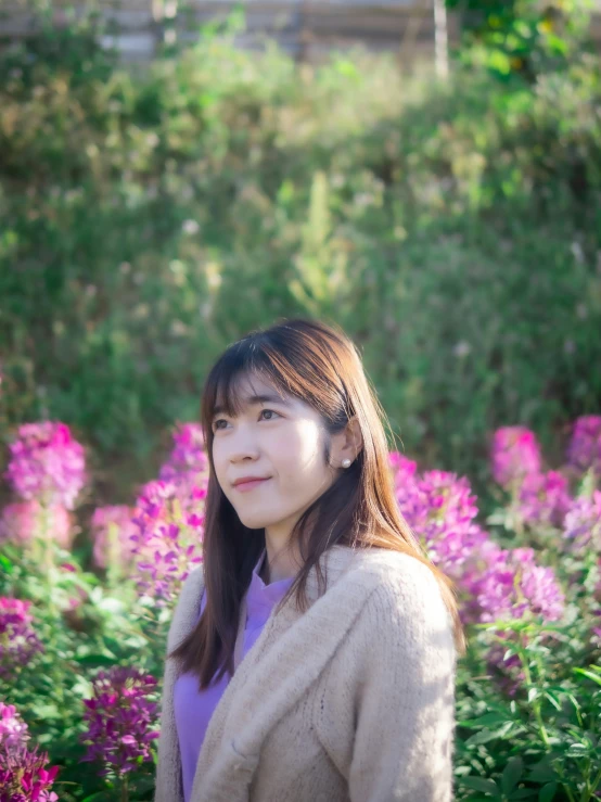 a woman standing in a field of purple flowers, by Tan Ting-pho, portrait image, profile pic, 奈良美智, 2 7 years old