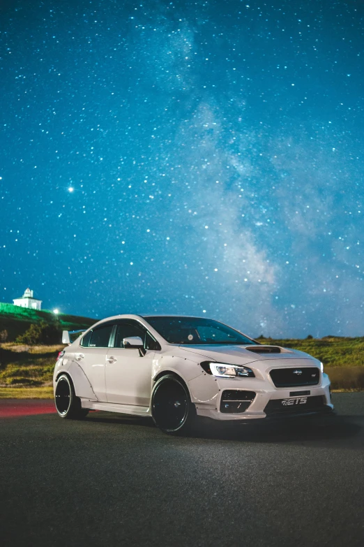 a white car parked on the side of a road, light and space, on a galaxy looking background, wrx golf, themed on the stars and moon, with matte white angled ceiling