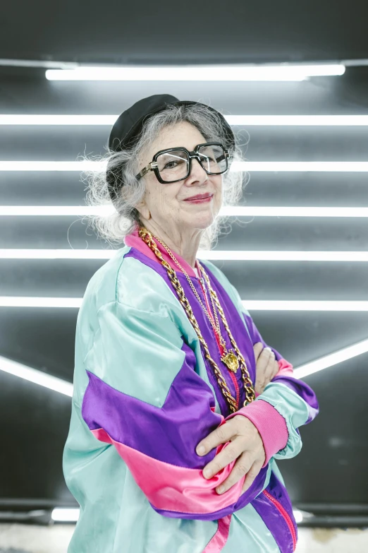 a woman with glasses is posing for a picture, inspired by Eva Gonzalès, 80s photo, press shot, fully dressed, lit up