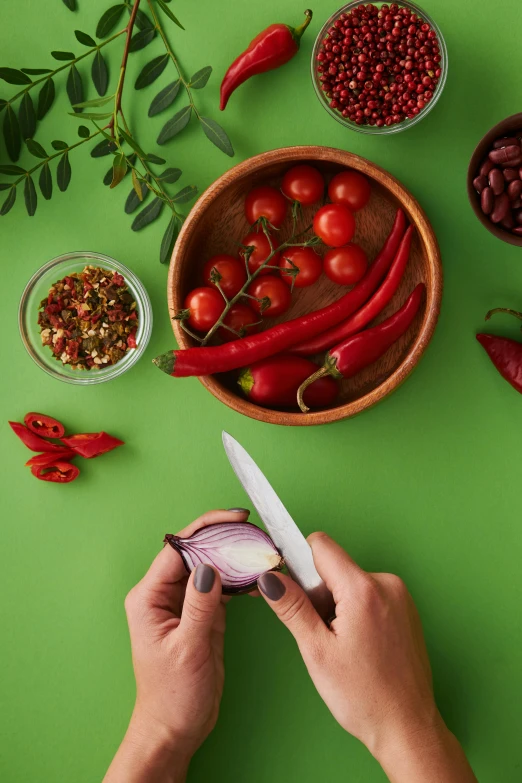 a person cutting an onion with a knife, a still life, inspired by Ceferí Olivé, trending on pexels, holding hot sauce, vibrant greenery, solid background, detailed product image