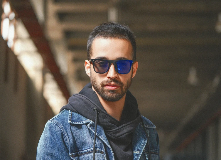 a man wearing sunglasses and a denim jacket, a picture, avatar image, shabab alizadeh, with mirrorshades sunglasses, ((blue))