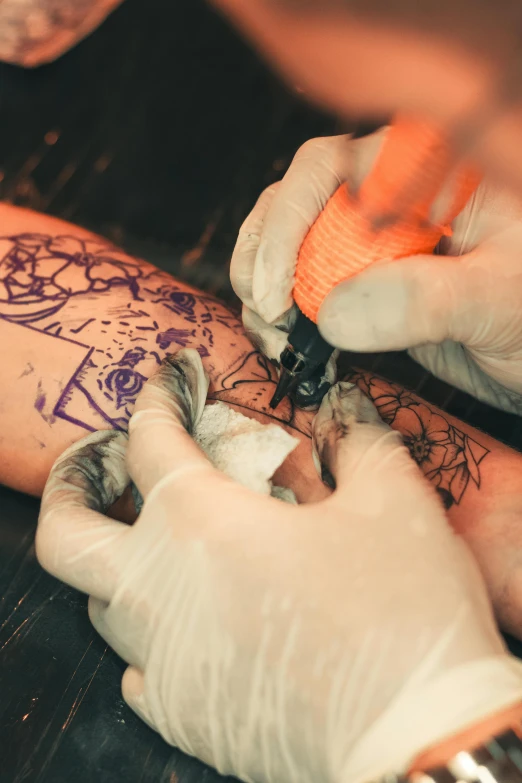 a person getting a tattoo on another person's arm, a tattoo, trending on pexels, process art, sharpie, intense colors, ilustration, rectangle