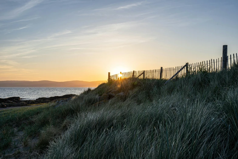 the sun is setting behind a fence on the beach, by Andrew Allan, unsplash, grass surrounding it, whealan, coastline, shaun downey