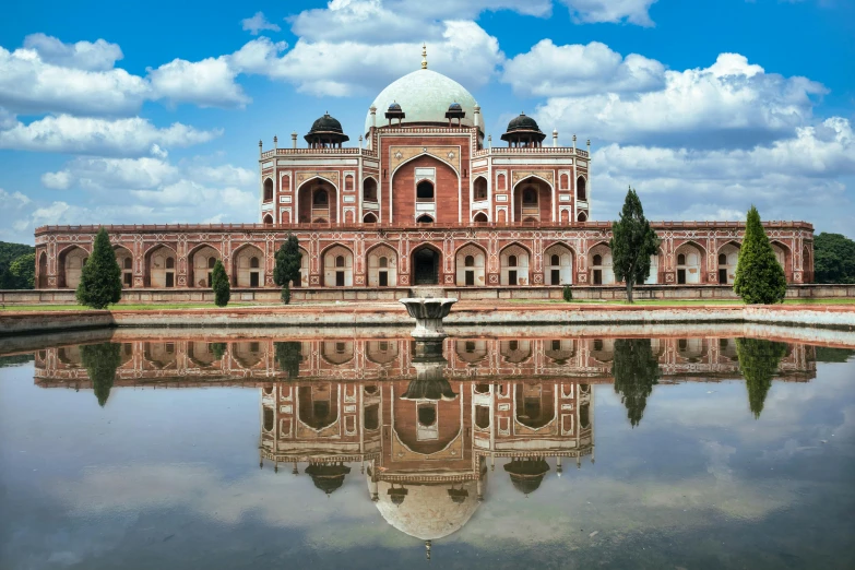 a large building with a fountain in front of it, with great domes and arches, mirror world, raden saleh, award - winning